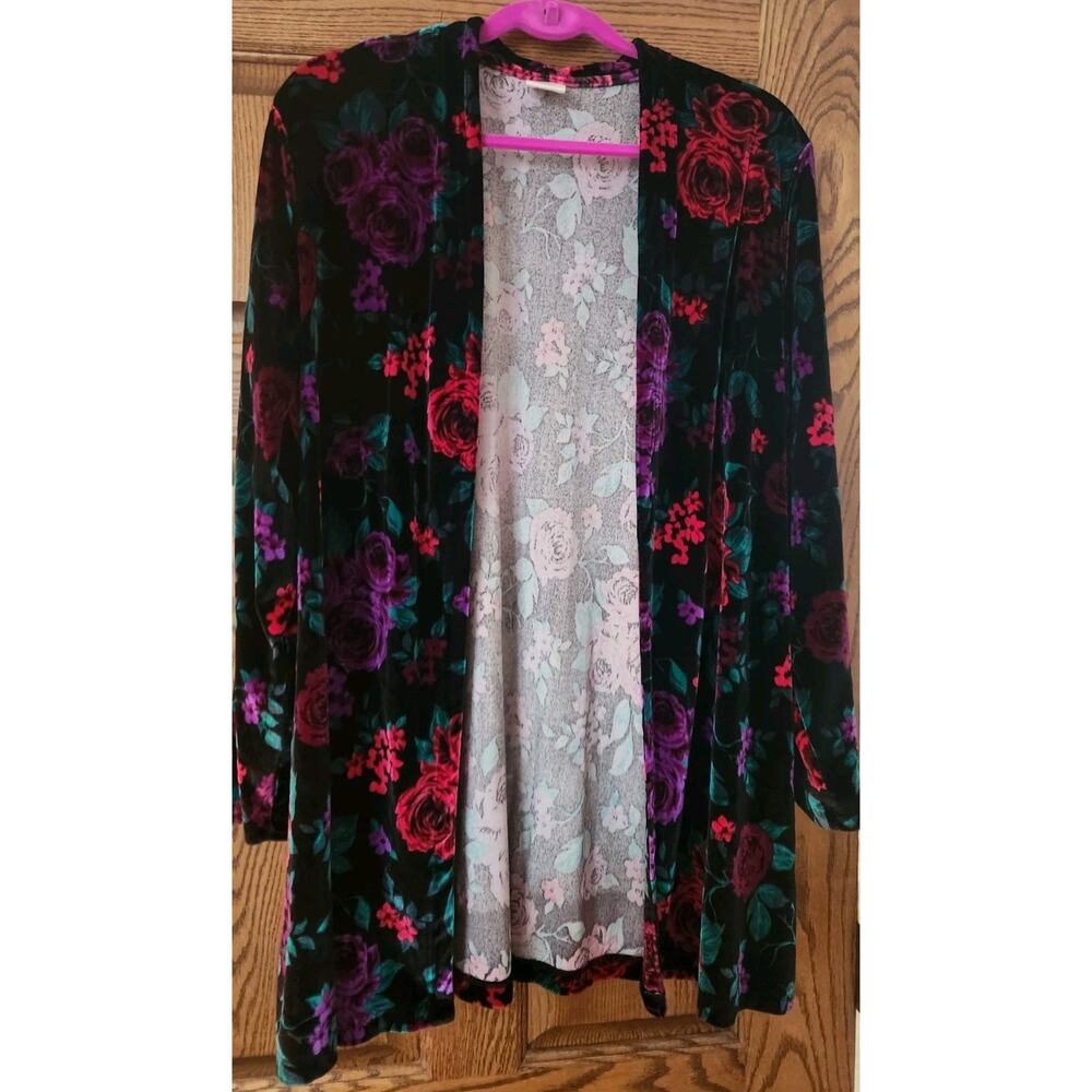 Blair Black Velvet Pink & Purple Roses Open Front Blazer Sz XL - Picture 1 of 6